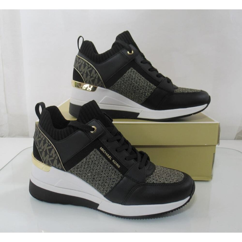 Michael Kors Georgie Knit Trainer Wedge Sneakers Laces MK Logo Black/Gold Size 8 - Picture 3 of 6